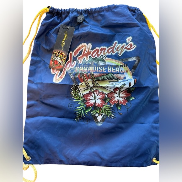 Ed Hardy’s Paradise Beach Drawstring Backpack Navy Blue NOS Y2K Tiger 2000s Edgy - Picture 1 of 15